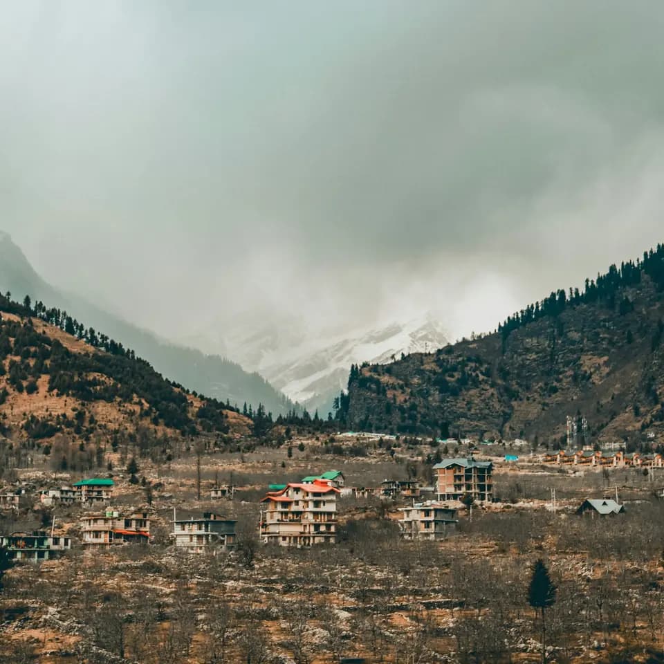 Manali town beneath a mountain backdrop